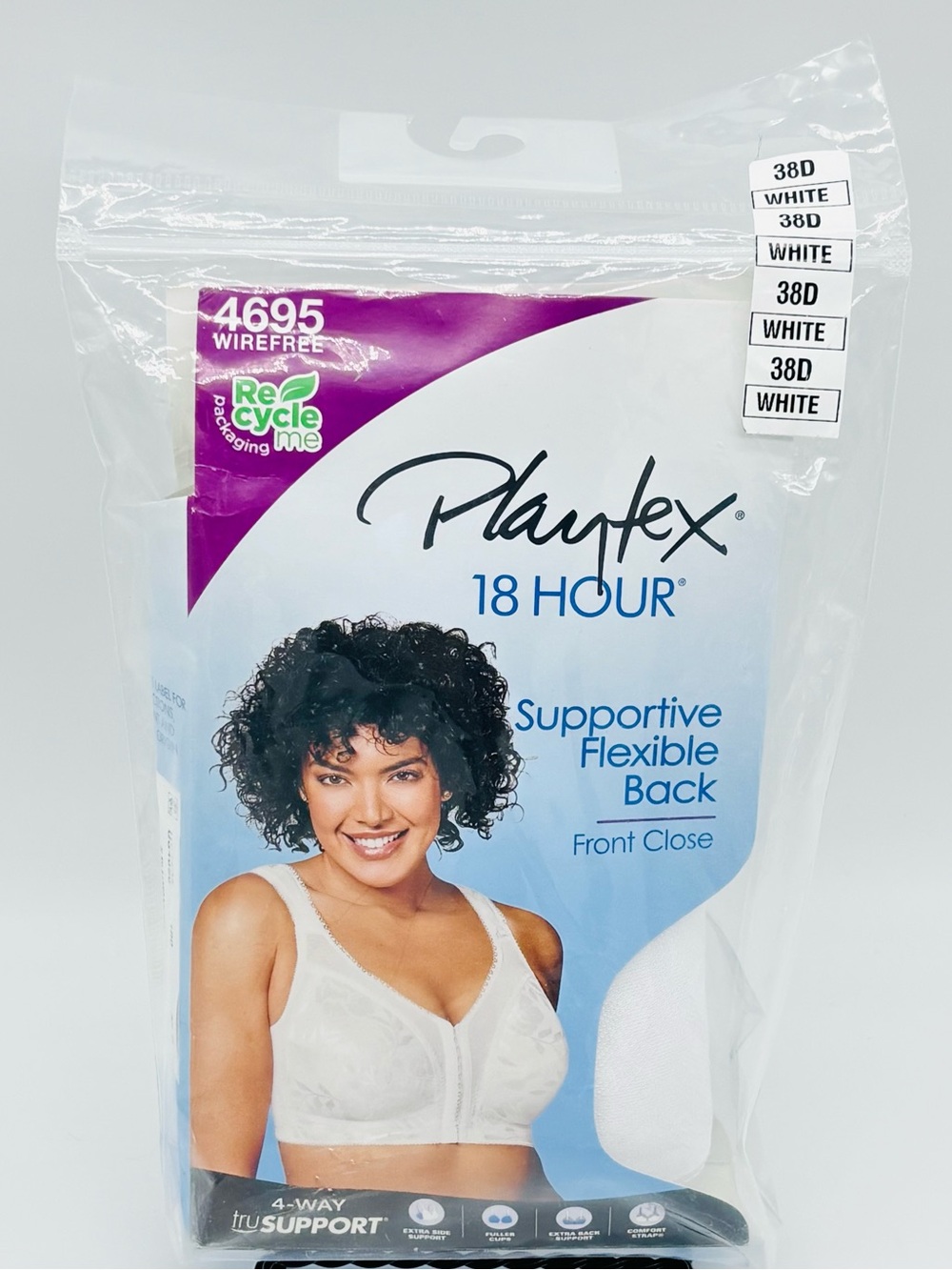 Playtex 18 Hour Bra 38D 4695 Wireless Front Close White Supportive Flexible Back